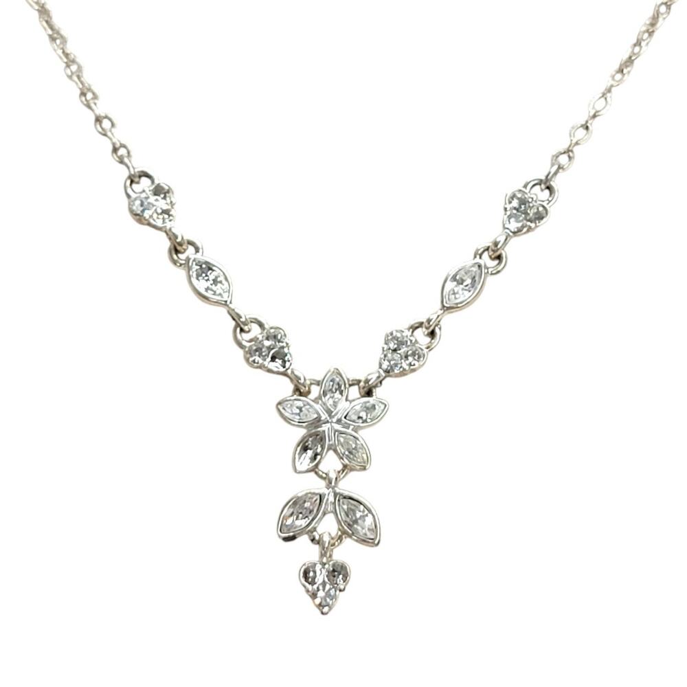 Napier Silver Tone Clear Rhinestone Floral Flower Y Drop Pendant Necklace READ
